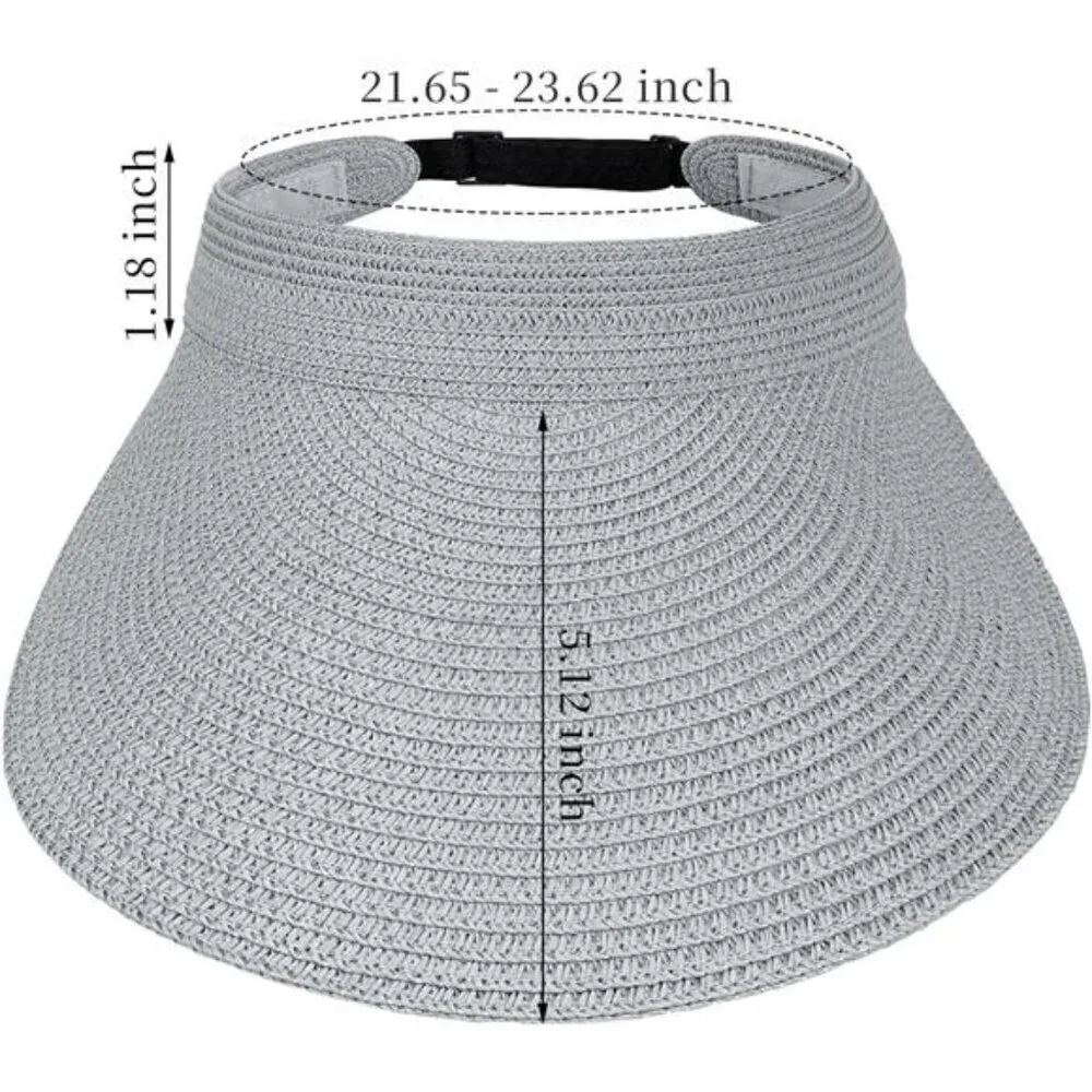 Gray Wide Brim Straw Sun Visor Hat – Packable Straw Visor with Adjustable Fit